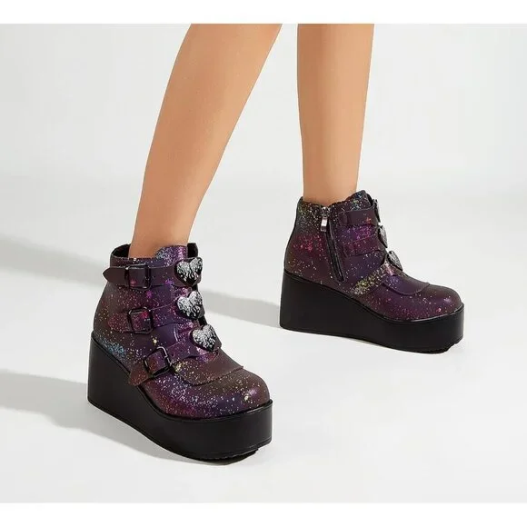 🆕 Navy Reflect Chunky Platform Ankle Boots - Wedge Heel Goth Rave Zip Booties - Picture 8 of 9